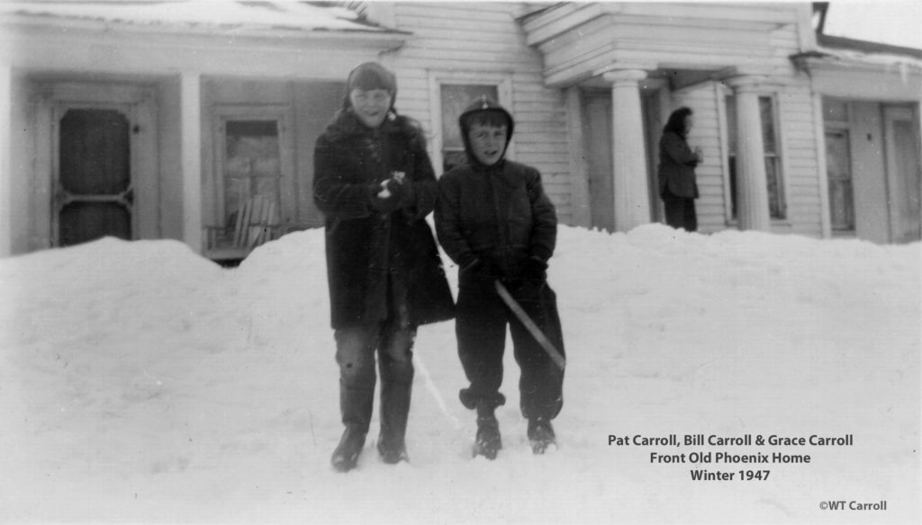 1947 Pat, Bill & Grace front of home in winter